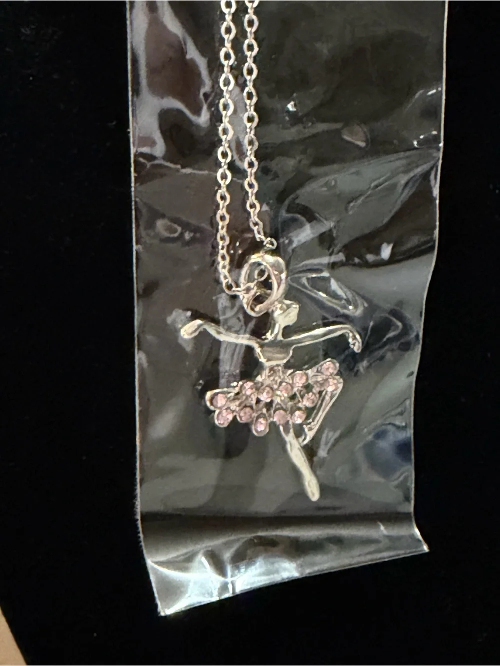 Silver Ballerina Pendant Necklace with Pink Crystals Tutu